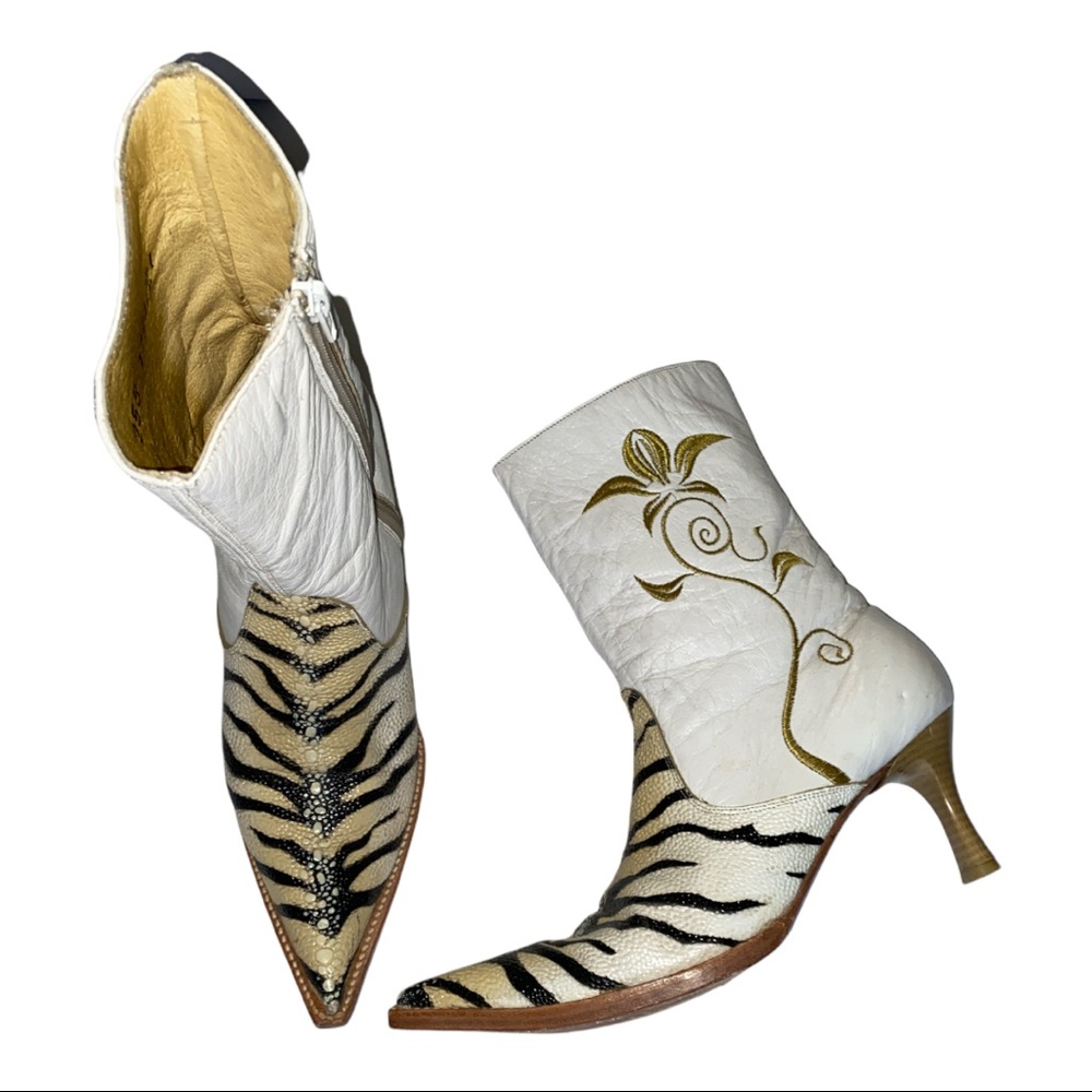 White Zebra Printed Calf Kitten Heel Boots Size 10